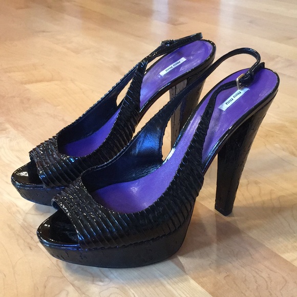 MIU MIU | Black Patent Leather Platform Peep-Toe Slingback Pumps - Picture 1 of 13